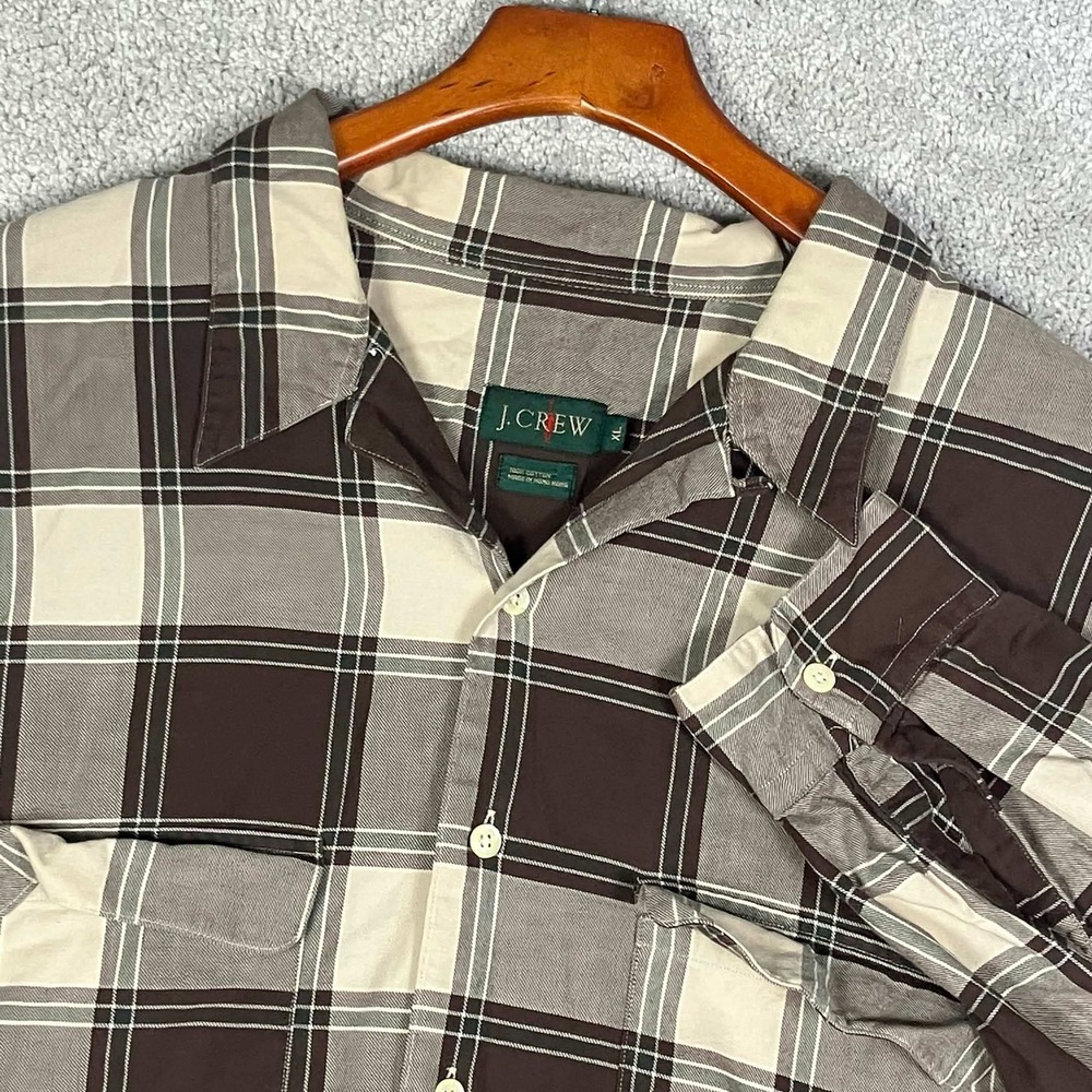 Vintage J.Crew Oarsman Loop Collar Shirt Mens XL Brown Plaid Cotton Long Sleeve